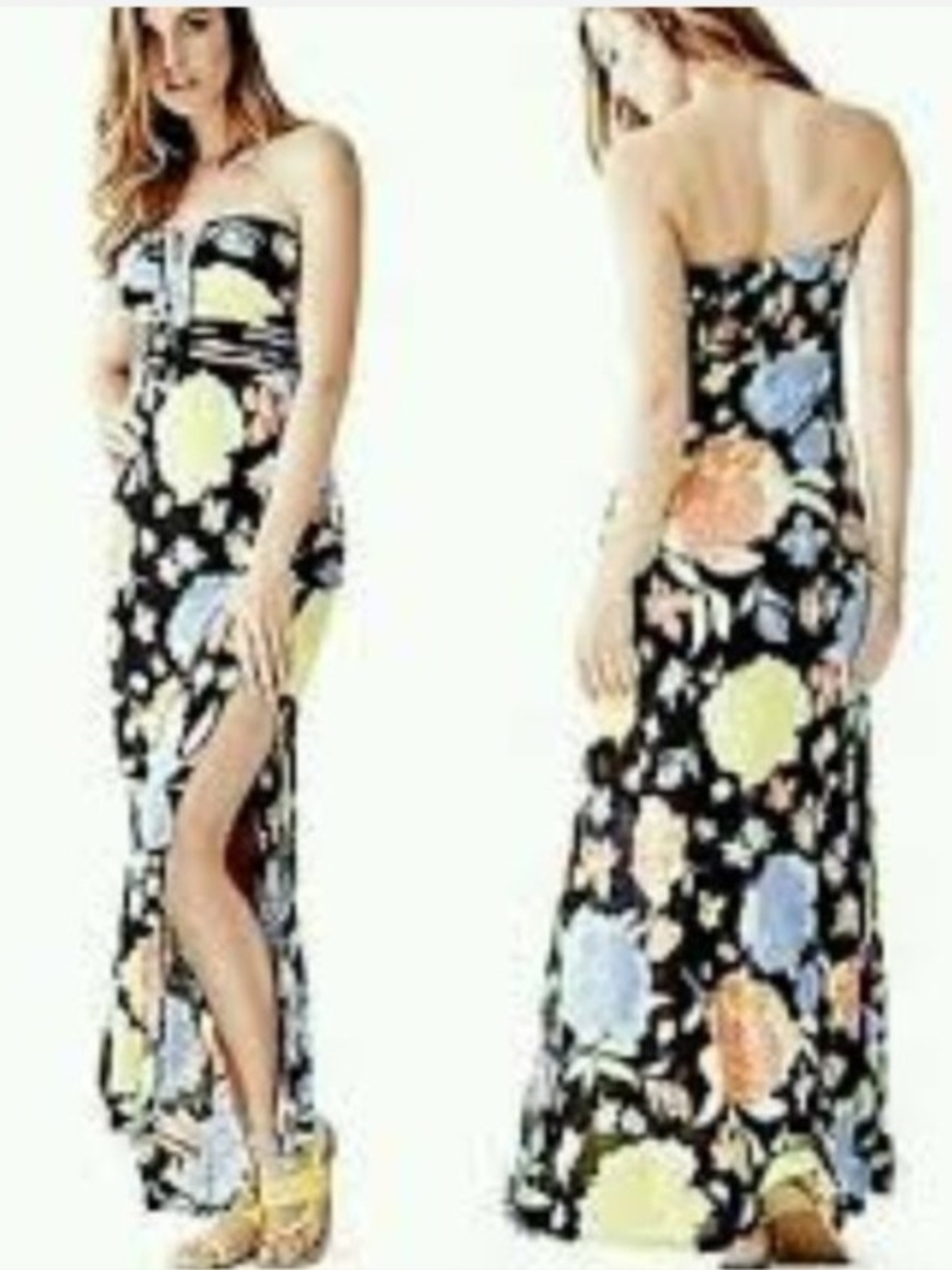Guess Strapless Black Floral Maxi Dress with Pastel Blooms